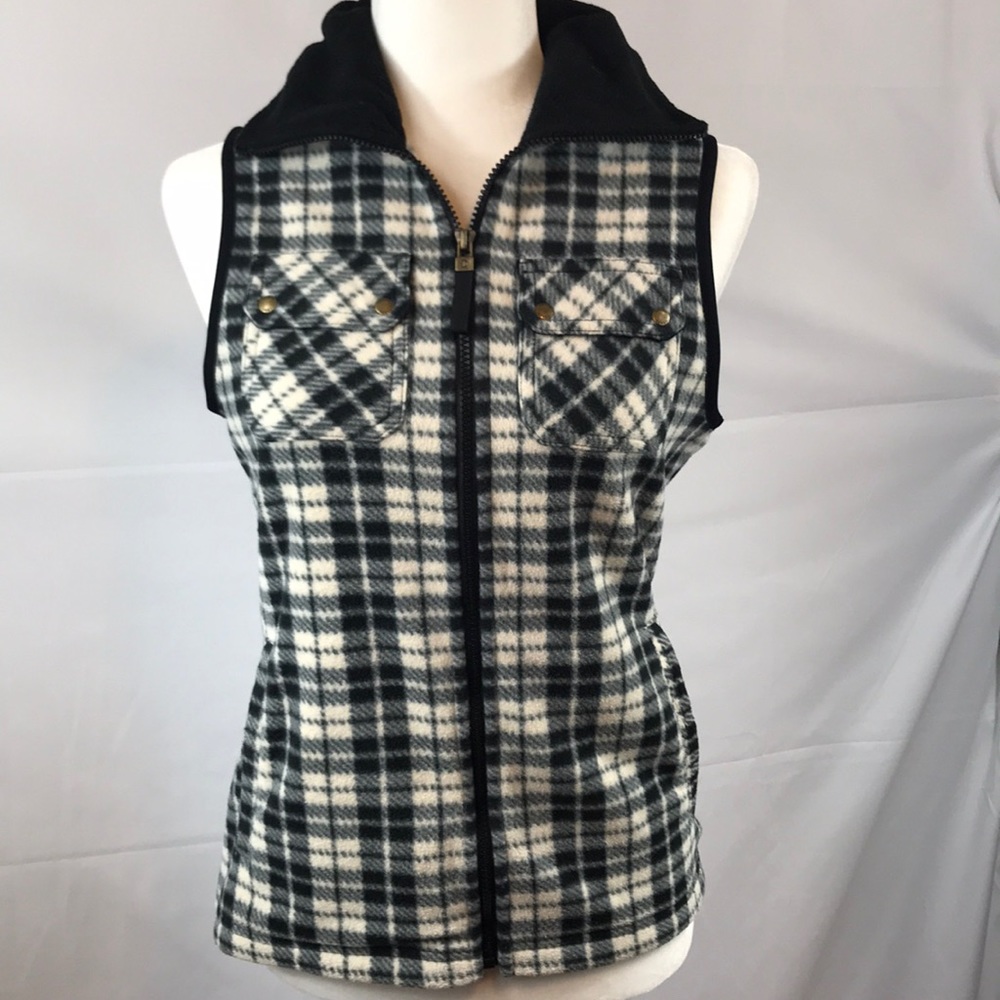 Chaps- Black/cream Plaid fleece vest, full zip, S